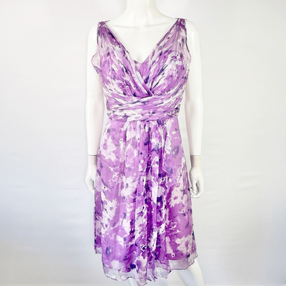 Amsale Purple Floral Silk Chiffon A-Line Dress Size 8 Formal Cocktail Wedding